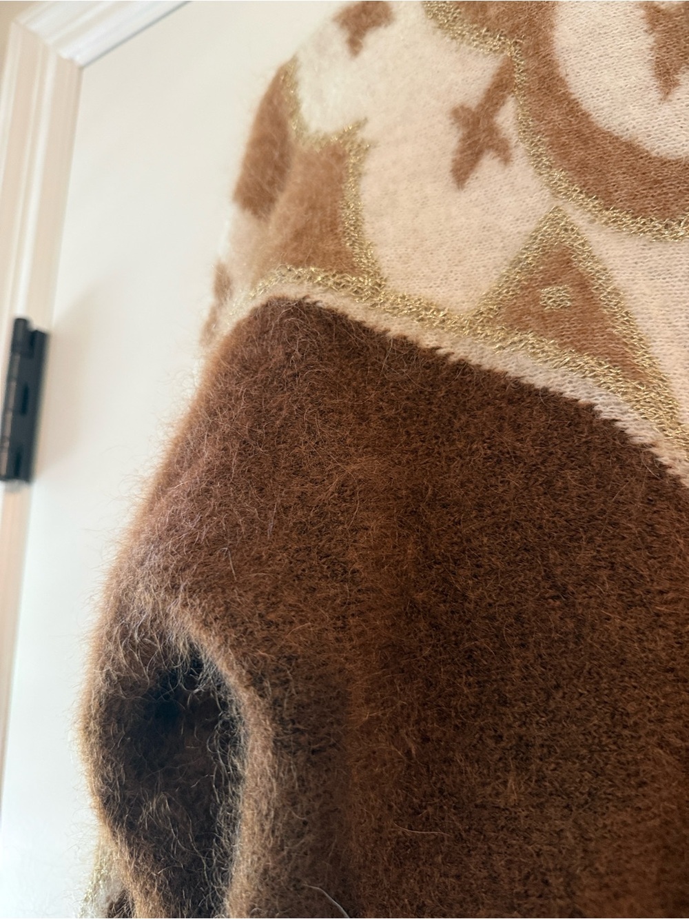 Sezane Brown and Cream Patterned Mohair Wool Blend Cardigan with Gold Metallic S - Picture 10 of 15